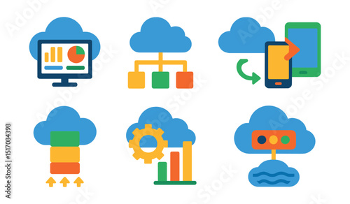 Flat vector icons of cloud and IoT platforms: cloud dashboard, IoT cloud architecture, remote device management, multi-device sync, scalable cloud infrastructure, cloud analytics gear, data lake icon