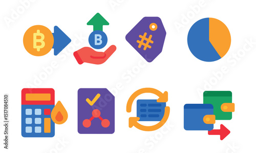 Flat vector icons of crypto transactions and transfers: send coin icon, receive funds, transaction ID tag, pending status circle, gas fee calculator, network confirmation icon, transfer history,
