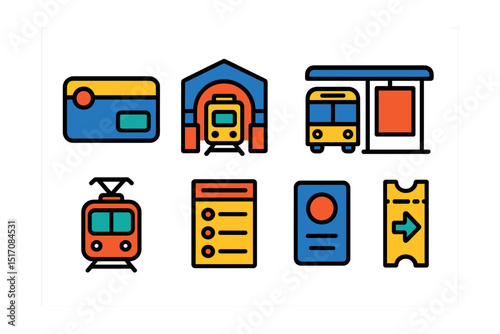Flat vector icons of public transport systems: metro card, train station, city bus stop, subway map, tram icon, transit schedule, ride pass, transfer ticket.