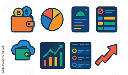 Flat vector icons of crypto portfolios and dashboards: multi-coin wallet, diversified portfolio chart, balance overview screen, watchlist interface, wallet sync cloud, performance dashboard, token