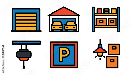 Flat vector icons of garages and storage: garage door, two-car garage, tool wall, storage shelves, garage opener, parking space, garage lighting, storage boxes.