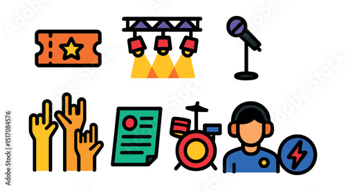 Flat vector icons of concerts and music events: concert ticket, stage lights, mic stand, drum set, crowd hands, setlist, audio engineer, band logo.