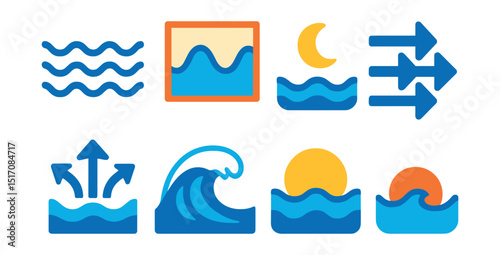 Flat vector icons of tide and currents: wave pattern, tide chart, moon tide symbol, current arrows, rip current, surf wave, high tide, low tide.