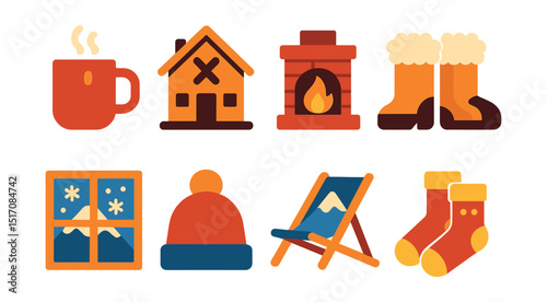 Flat vector icons of après-ski activities: hot cocoa mug, ski lodge, fireplace icon, fur boots, snow view window, beanie hat, mountain deck chair, cozy socks.