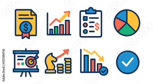Flat vector icons of marketing budget and planning: marketing budget file, forecast chart, cost breakdown, allocation pie, media plan, spend strategy, planned vs actual, approval icon.