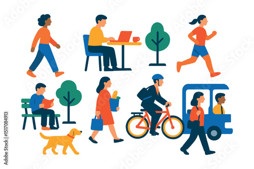 Flat vector icons of city lifestyle: people walking, working on laptop in café, jogging, reading in park, grocery shopping, biking to work, walking dog, commuting.