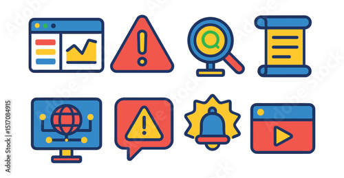 Flat vector icons of monitoring and alerts: monitoring dashboard, system alert, real-time scan, activity log, network monitor, alert notification, anomaly detection, live feed.