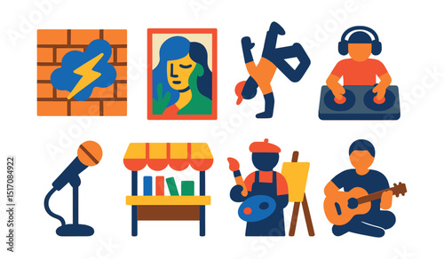 Flat vector icons of creative urban culture: graffiti wall, art mural, street dancer, vinyl DJ, open mic stand, book stall, street artist, busker guitar.