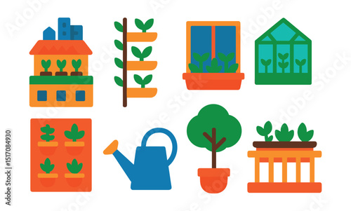 Flat vector icons of urban gardening: rooftop garden, vertical planter, plant box on window, city greenhouse, herb wall, watering can, potted tree, balcony garden.