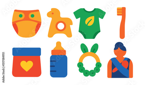 Flat vector icons of eco-friendly baby items: cloth diapers, wooden toy, organic cotton onesie, bamboo toothbrush, reusable snack bag, glass bottle, natural teether, baby wrap.