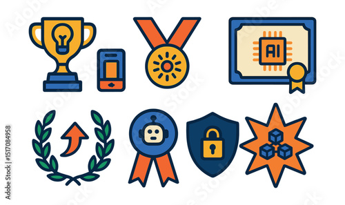 Flat vector icons of innovation and tech awards: tech pioneer trophy, best app developer badge, breakthrough innovation medal, AI excellence certificate, best startup laurel, robotics competition