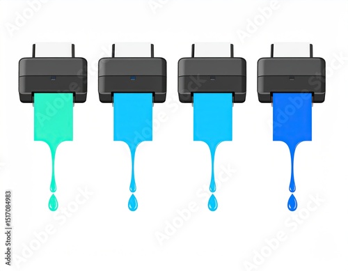 Four printers, displaying different shades of blue and teal ink drops