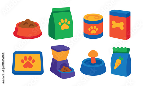 Flat vector icons of pet food and feeding: food bowl, dry food bag, canned food, treat box, feeding mat, automatic feeder, pet water fountain, snack pouch.