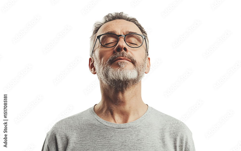 Obraz premium Mid aged man practicing deep breathing exercises to promote calm and mindfulness isolated on transparent background PNG
