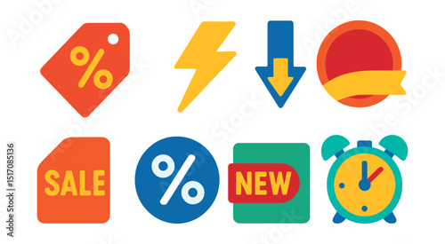 Flat vector icons of discounts and promotions: discount tag, flash sale, price drop, promo sticker, sale label, percentage icon, new offer, limited time.