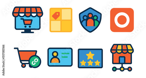 Flat vector icons of marketplaces and platforms: online marketplace icon, product grid, multi-vendor badge, platform logo, cart integration, seller profile, rating system, store hub.