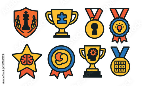 Flat vector icons of mental and strategic competitions: chess tournament champion badge, puzzle solving competition trophy, escape room master medal, quiz night contest ribbon, brain olympics winner
