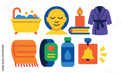 Flat vector icons of self-care and wellness: bath soak, mindfulness face, candle and book, tea and robe, cozy blanket, wellness tracker, hydration bottle, gentle reminder icon.