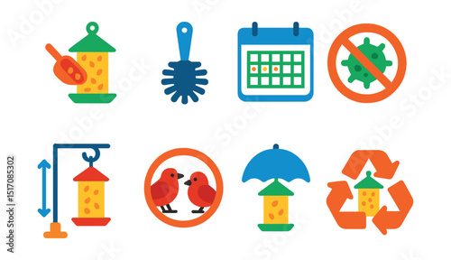 Flat vector icons of bird feeder maintenance: seed refill scoop, clean feeder brush, weekly maintenance log, mold-free icon, feeder placement chart, avoid overcrowding badge, rain guard cover, feeder