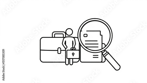 A stick figure with briefcases and a magnifying glass examining a document in black and white created with generated ai