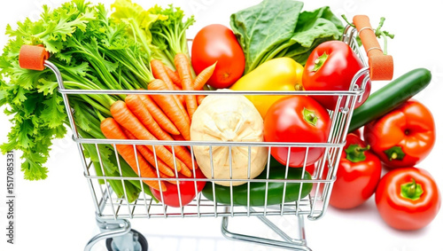 Shopping cart filled with fresh vegetables including carrots tomatoes and leafy green produce for health created with generated ai