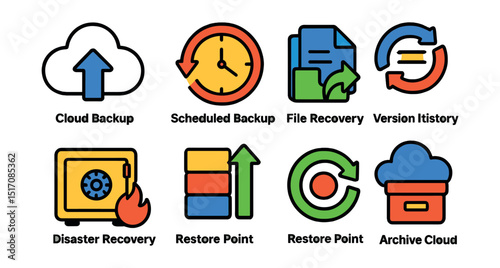 Flat vector icons of backup and recovery: cloud backup icon, scheduled backup symbol, file recovery icon, version history, disaster recovery vault, incremental backup, restore point icon, archive