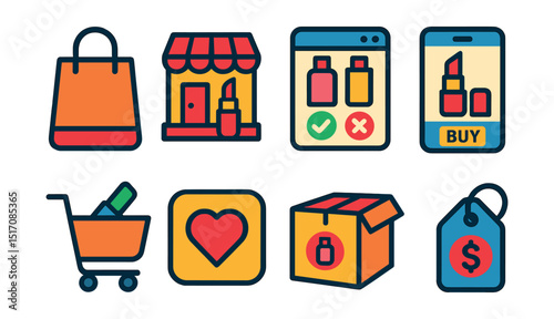 Flat vector icons of beauty shopping and ecommerce: shopping bag, beauty store, product comparison, online order icon, beauty cart, wishlist icon, delivery box, price tag.