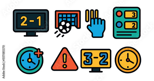 Flat vector icons of scoring and results: scoreboard, goal icon, points tally, score sheet, overtime symbol, penalty icon, final score, time remaining.
