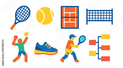 Flat vector icons of tennis: tennis racket, tennis ball, court layout, net, serve motion, tennis shoes, player swing, tournament bracket.