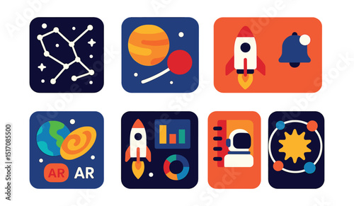 Flat vector icons of space-related apps and interfaces: star map app, planet tracking app, launch notification, space quiz app, AR galaxy viewer, mission dashboard, astronaut logbook, solar system UI