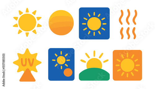 Flat vector icons of sunny weather: shining sun, clear sky, sun rays, heat icon, UV index, sun with lens flare, sun over hill, summer glow.