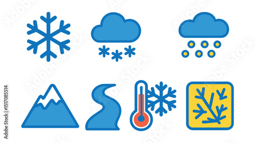 Flat vector icons of snow and cold: snowflake, snowcloud, falling snow, snowstorm, snowy mountain, icy path, winter chill, frost icon.