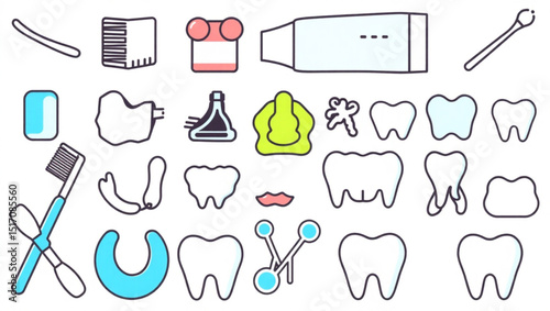 Collection of dental hygiene elements featuring teeth, toothbrush, and dental floss, for oral care needs created with generated ai