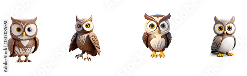 3D owl model set, PNG cutouts with transparent background, detailed, majestic, ideal for design, animation, and games.