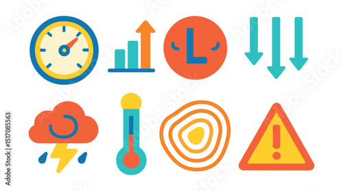 Flat vector icons of air pressure and barometers: barometer dial, pressure rising icon, low pressure system, pressure arrows, storm prediction, mercury barometer, isobar lines, pressure warning.