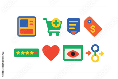 Flat vector icons of UI elements for e-commerce: product card UI, add to cart button, product filter dropdown, price tag layout, review summary bar, wish list heart icon, quick view popup, checkout