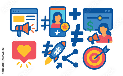 Flat vector icons of social media advertising: promoted post icon, sponsored story, hashtag campaign, influencer shoutout, ad budget slider, engagement bubble, share boost icon, social media target.