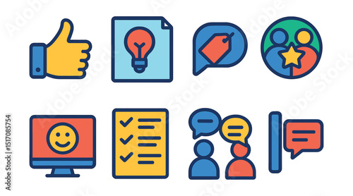 Flat vector icons of feedback and comments: thumbs up icon, suggestion note, comment bubble with tag, peer review icon, feedback tracker, review checklist, discussion icon, inline comment.