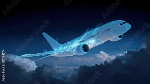 Futuristic Digital Airplane Flying Above Clouds at Night Sky