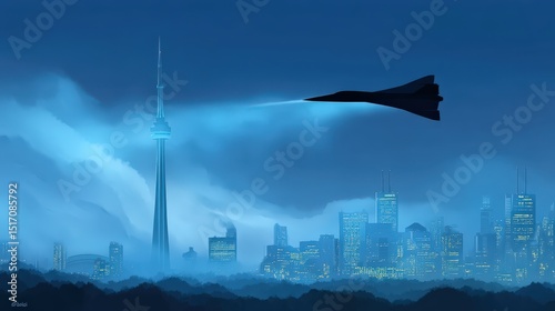 Futuristic Jet Over City Skyline with Tower at Dawn