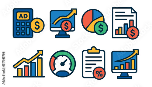 Flat vector icons of advertising ROI and budget: ad spend calculator, ROI tracker, budget allocation pie, cost breakdown report, campaign profit chart, performance-to-spend gauge, media buy planning,