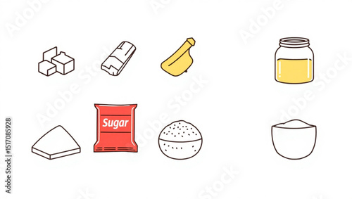 Illustration showing different types of sugar including cubes, packets, and a jar of honey for sweetening created with generated ai