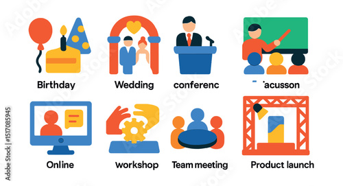 Flat vector icons of event types and formats: birthday party icon, wedding ceremony, business conference, educational seminar, online webinar screen, hands-on workshop, team meeting table, product