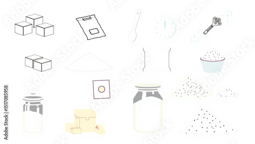 Illustration of sugar cubes a clipboard a spoon a clock a whisk a bowl and containers of sugar created with generated ai