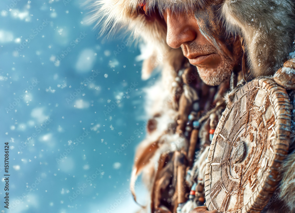 Naklejka premium Portrait of a man shaman dressed in traditional attire standing in snowy landscape during wintertime with a contemplative expression
