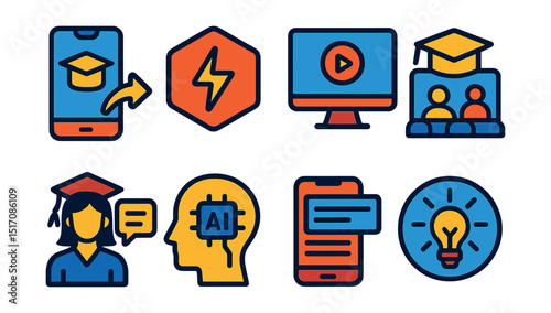 Flat vector icons of online education trends: mobile-first learning icon, microlearning badge, video-based learning trend, hybrid classroom symbol, virtual tutor icon, AI-driven education, bite-sized