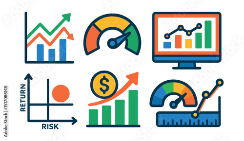 Flat vector icons of investment charts and analytics: profit and loss graph, ROI gauge, performance dashboard, market comparison chart, risk vs return quadrant, dividend yield bar, volatility meter,