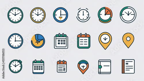 Collection of various time and location icons including clocks calendars and map markers displayed created with generated ai