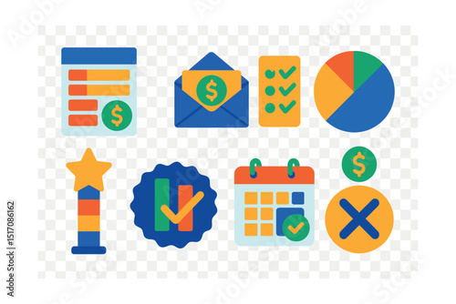 Flat vector icons of budgeting and planning: monthly budget sheet, budgeting envelope icon, planned expenses list, budgeting pie chart, budget goal tracker, planned vs actual badge, budget calendar,