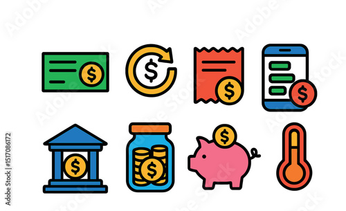 Flat vector icons of income, expenses and savings: paycheck icon, recurring income badge, expense receipt, spending tracker, bank deposit symbol, savings jar, piggy bank, savings goal meter.